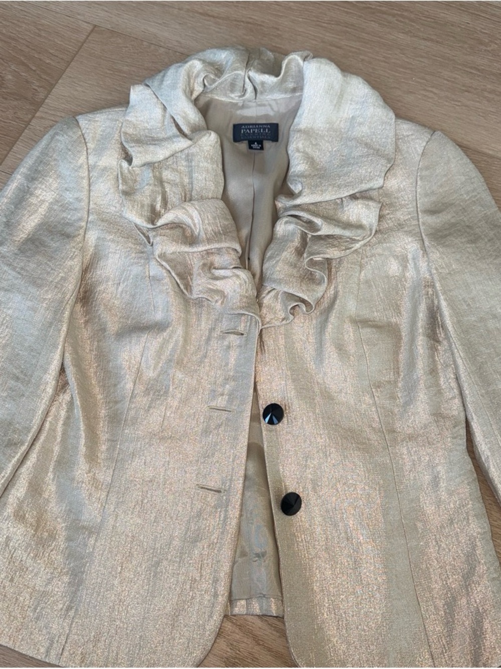 Adrianna Papell Shimmery Gold Ruffle-Collar Blazer